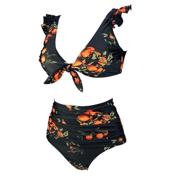 COCOSHIP Other - Women's Retro Black Tangerine High Waisted Bikini Set Swimsuit